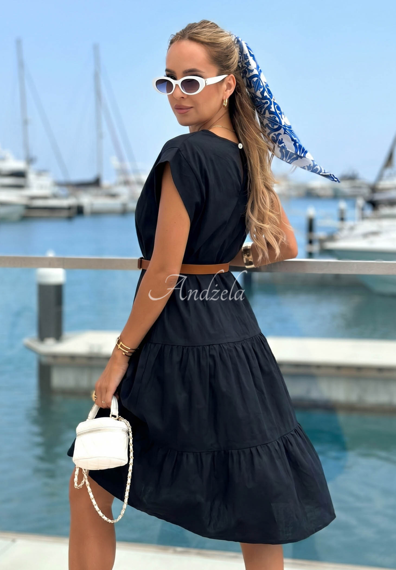 Marina Royale Black Cotton Dress with Ruffles and a Belt