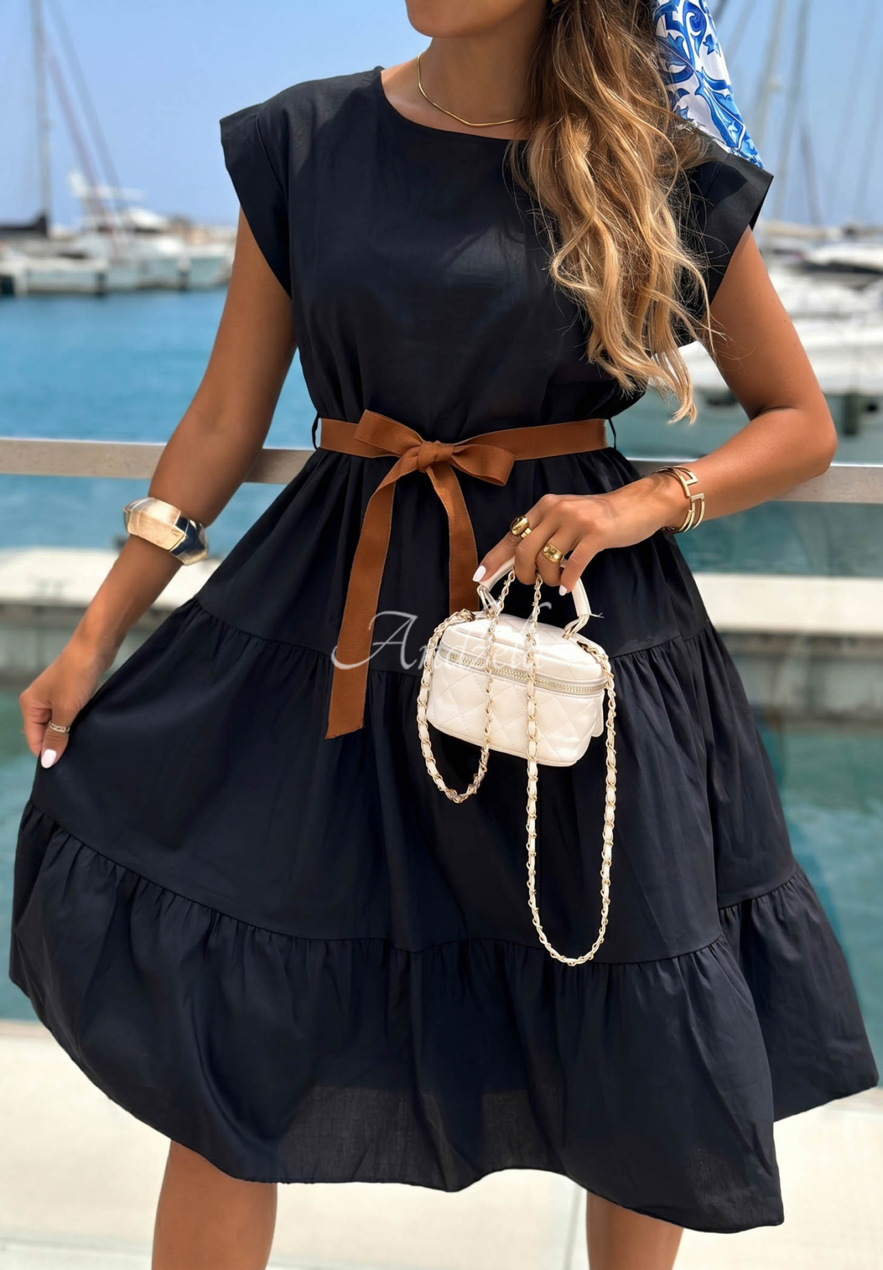 Marina Royale Black Cotton Dress with Ruffles and a Belt