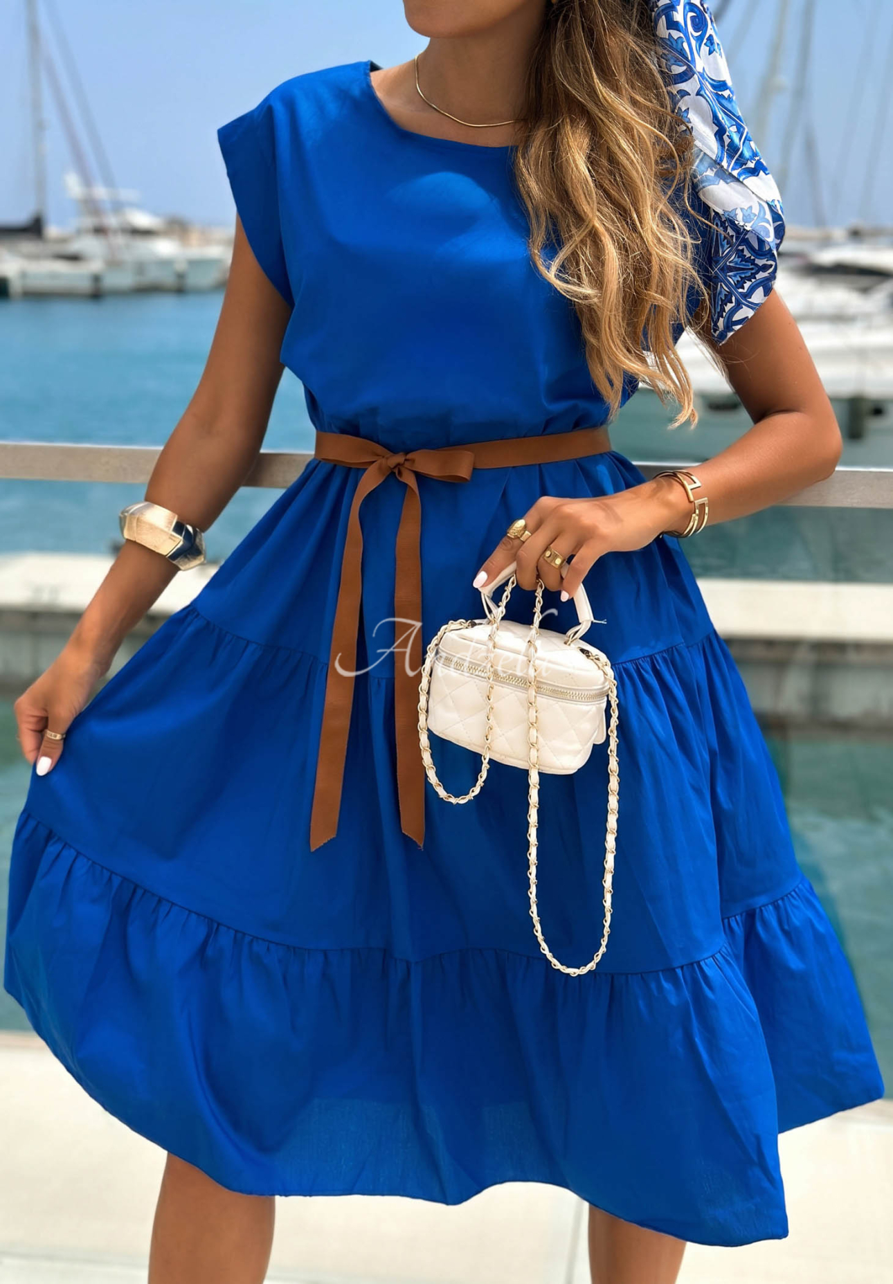 Marina Royale Cobalt Blue Cotton Dress with Ruffles and a Belt