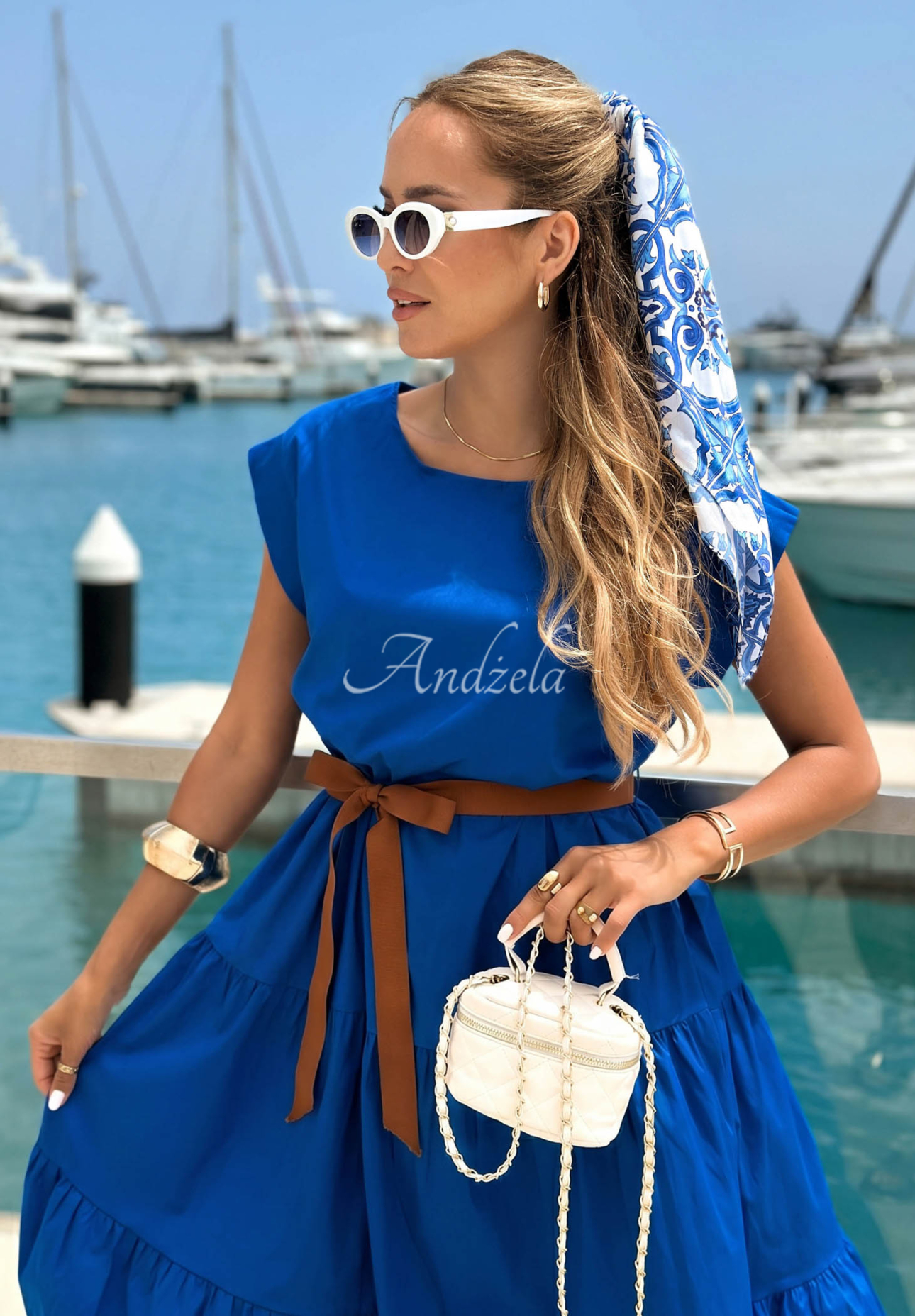 Marina Royale Cobalt Blue Cotton Dress with Ruffles and a Belt