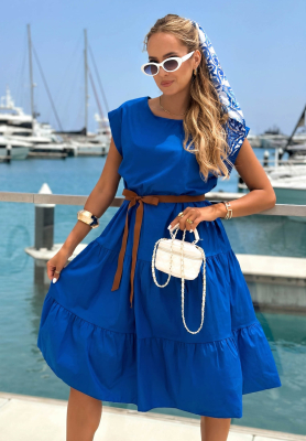 Marina Royale Cobalt Blue Cotton Dress with Ruffles and a Belt