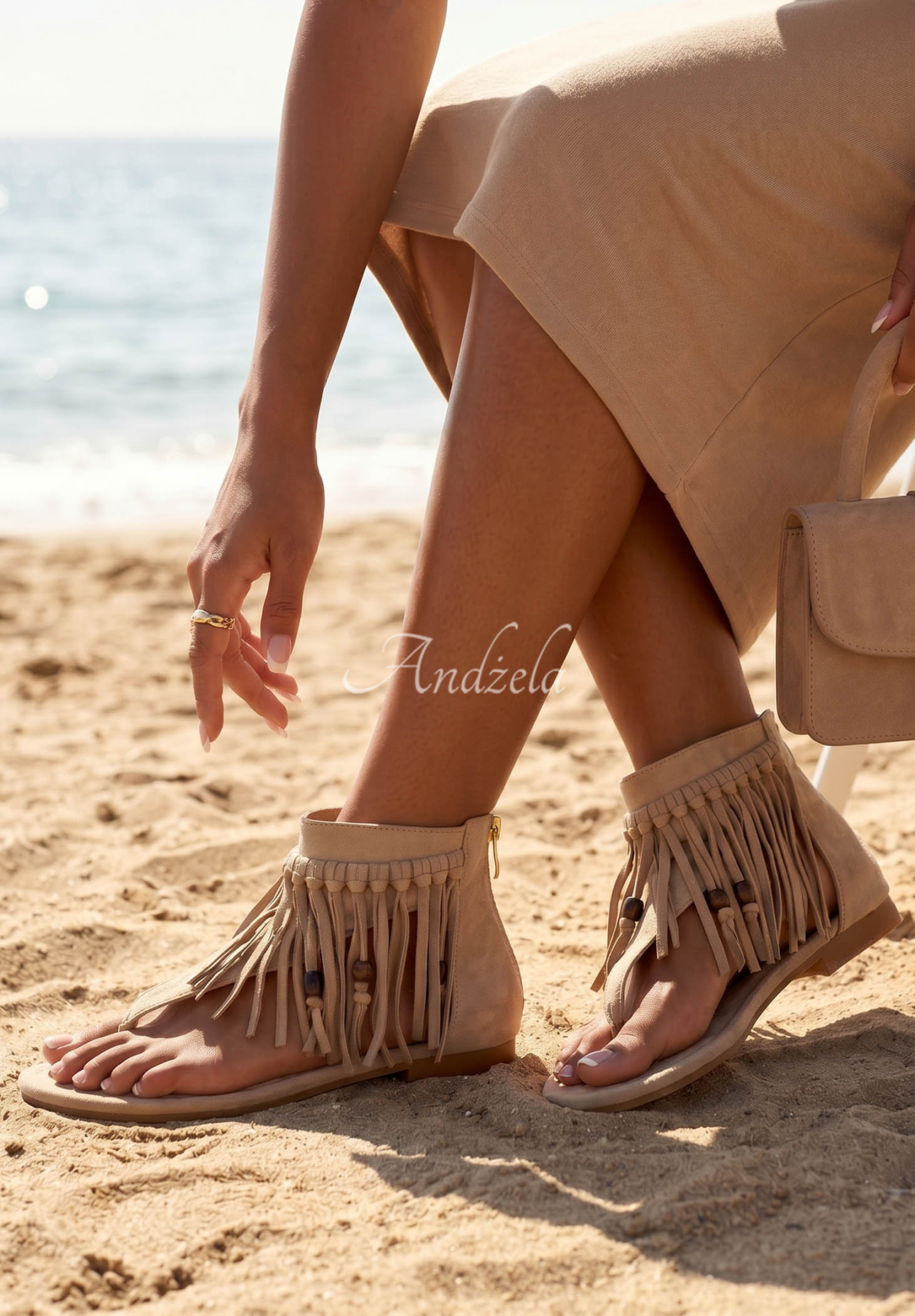 Montenegro Beige Suede Flip-Flops with Fringes