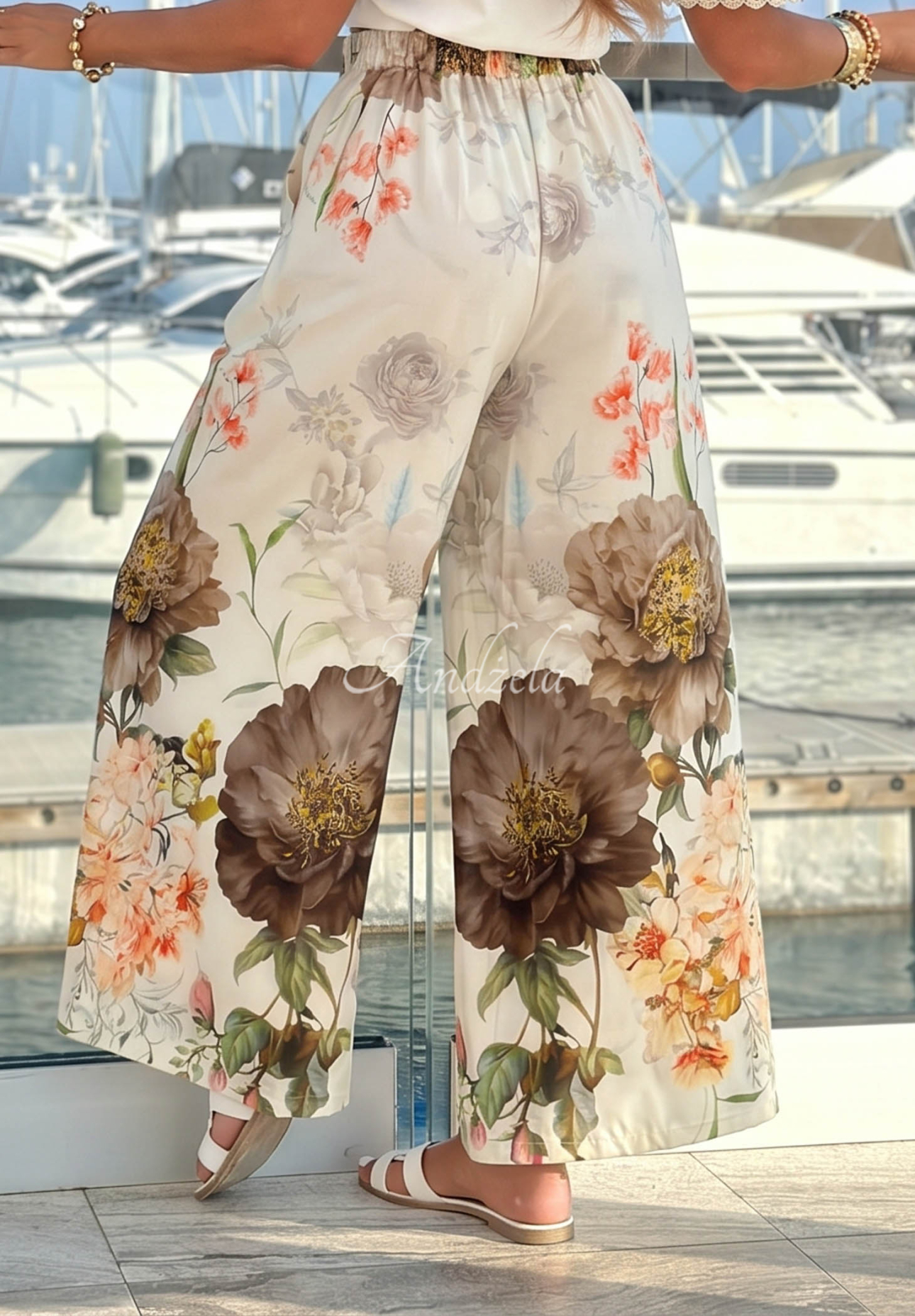 Ocean Flora white-and-chocolate-colored cotton floral pants