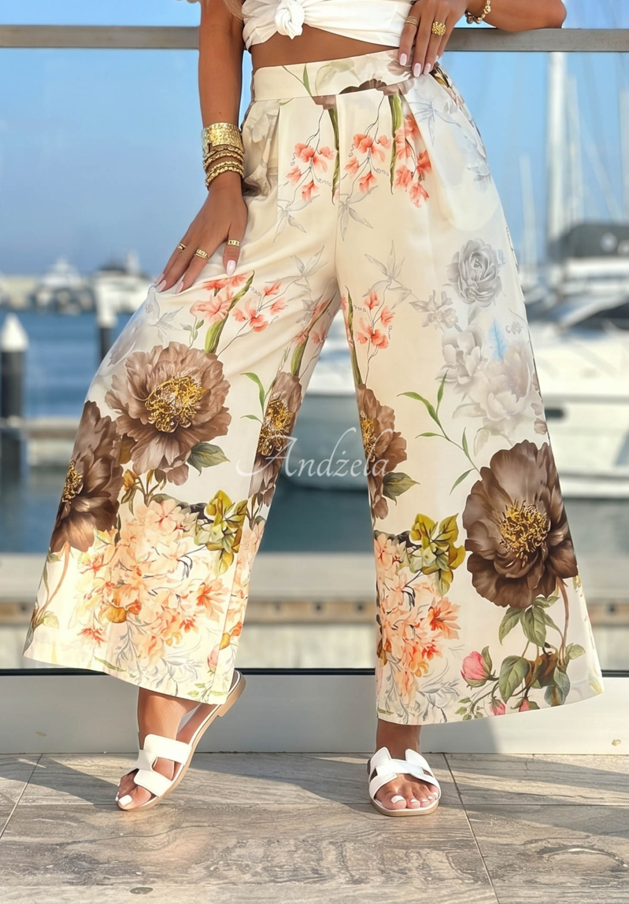 Ocean Flora white-and-chocolate-colored cotton floral pants