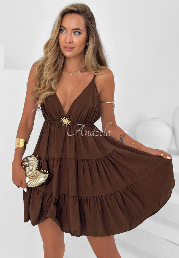 Sun Treasure Chocolate-Colored Viscose Spaghetti-Strap Mini Dress