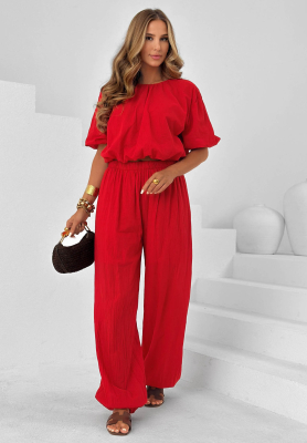 Pretty Sunrise Red Cotton Set: Puff-Sleeve Blouse and Jogger Pants