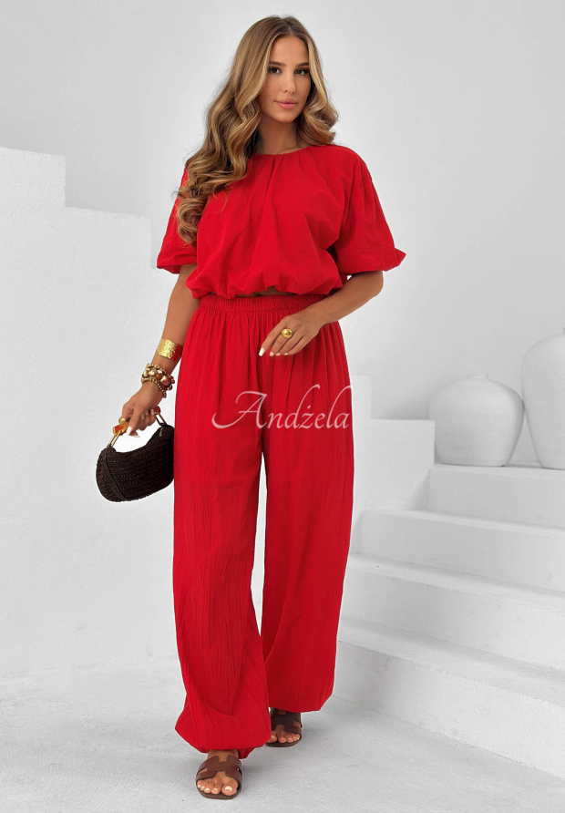 Pretty Sunrise Red Cotton Set: Puff-Sleeve Blouse and Jogger Pants