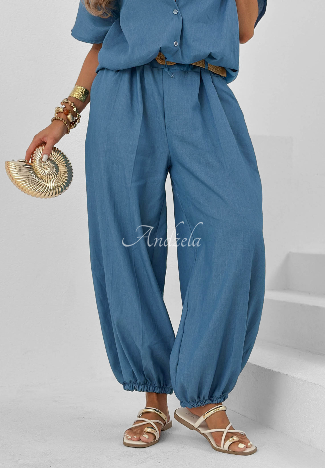 Bawełniany komplet koszula i spodnie joggery Palm Breeze niebieski