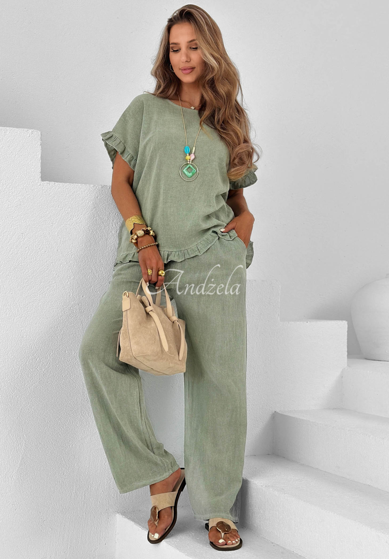 Summer Breeze khaki cotton set with a blouse and wide-leg pants featuring linen accents