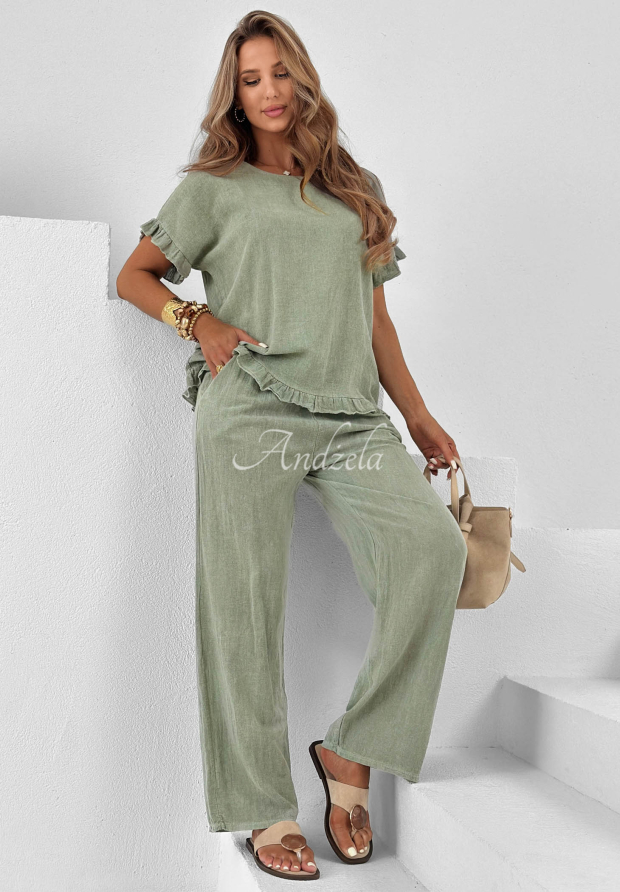 Summer Breeze khaki cotton set with a blouse and wide-leg pants featuring linen accents