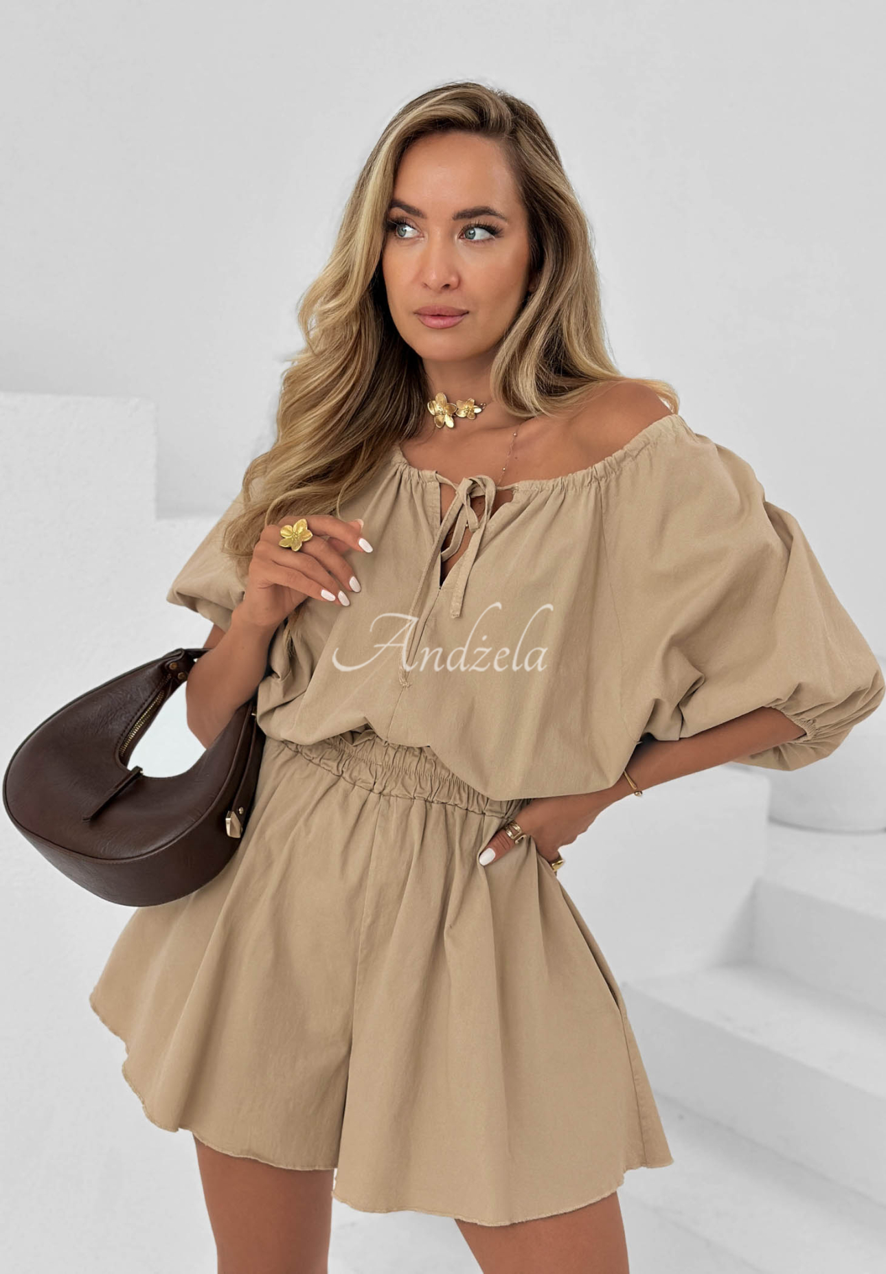 Sandy Coast Beige Cotton Short Off-the-Shoulder Jumpsuit