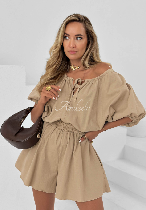 Sandy Coast Beige Cotton Short Off-the-Shoulder Jumpsuit