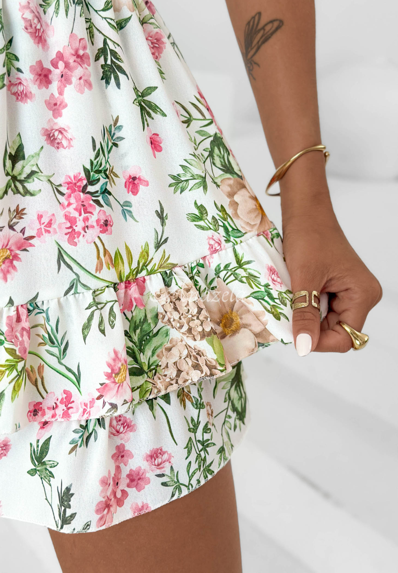 Short viscose jumpsuit with floral ruffles, "Wine In Tuscany," white