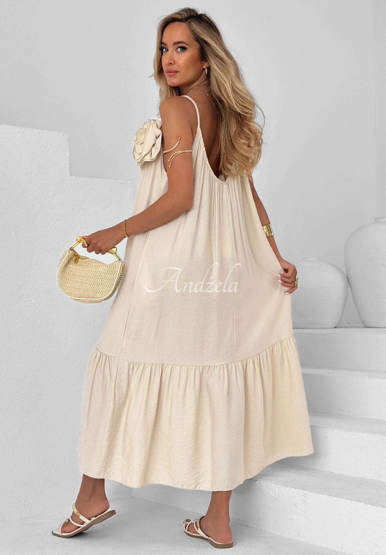 Mirage Coast Light Beige Viscose Midi Dress with Spaghetti Straps