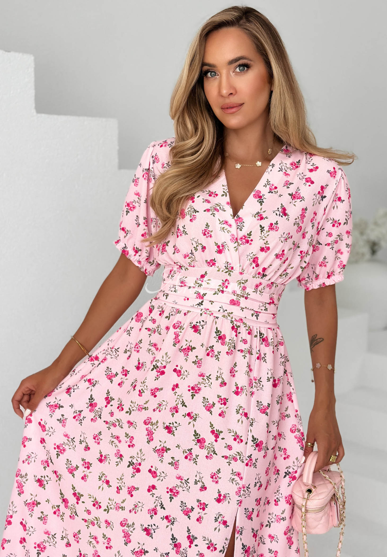 Petal Story Powder Pink Floral Viscose Midi Dress
