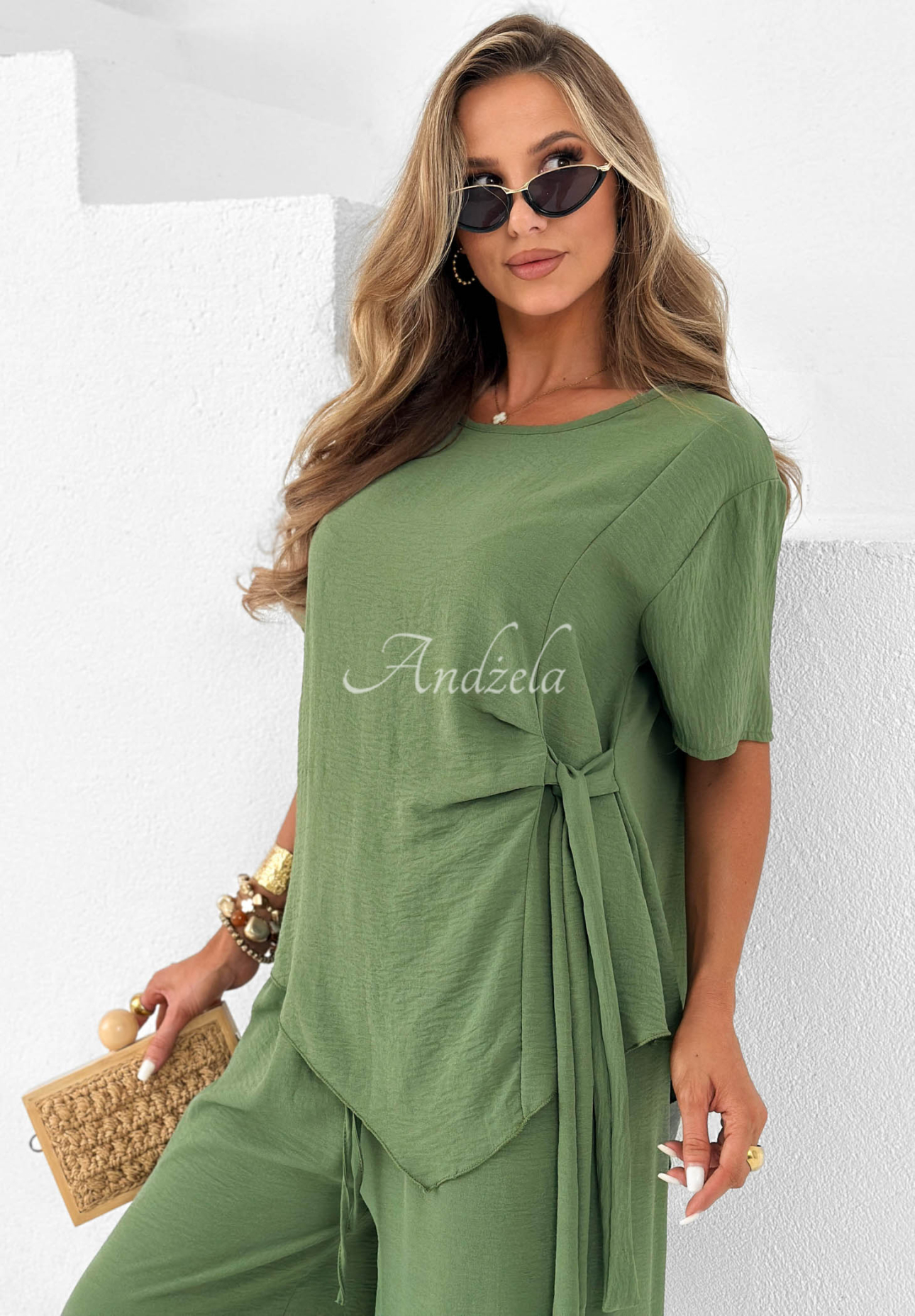 Elite Holiday khaki viscose set: tie-front blouse and wide-leg pants
