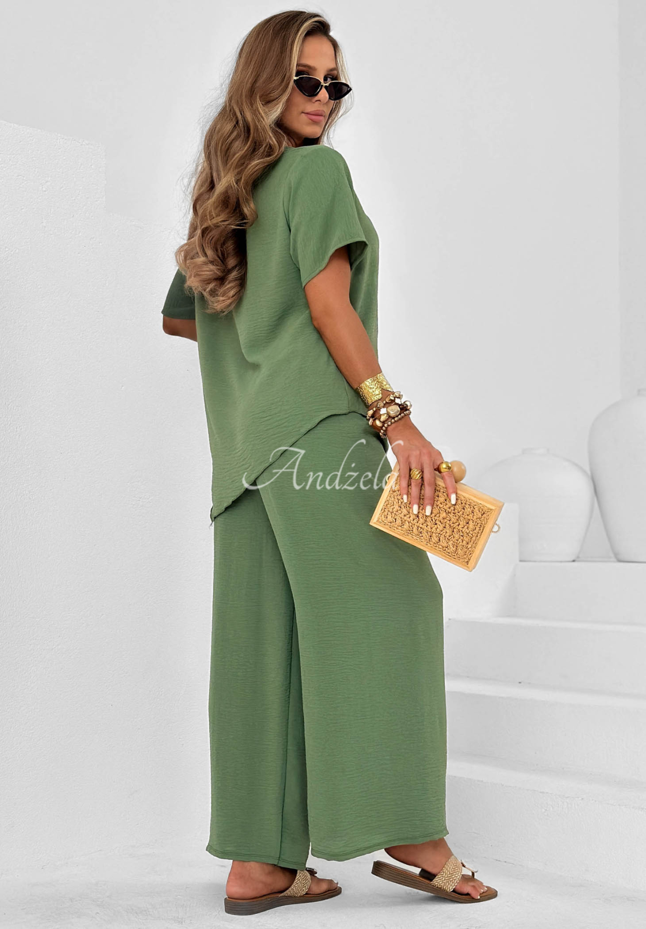 Elite Holiday khaki viscose set: tie-front blouse and wide-leg pants