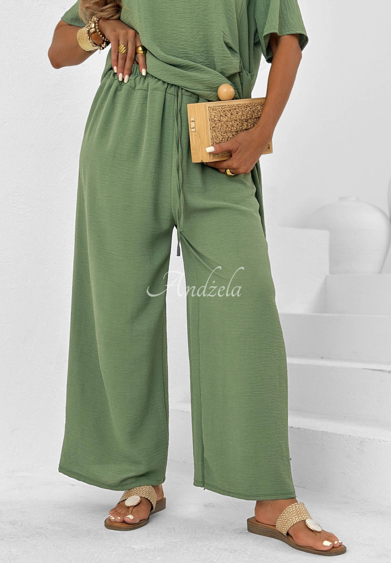 Wiskozowy komplet wiązana bluzka i spodnie wide leg Elite Holiday khaki