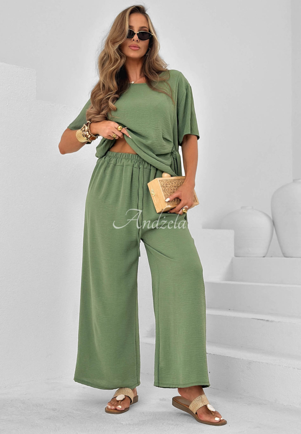 Elite Holiday khaki viscose set: tie-front blouse and wide-leg pants