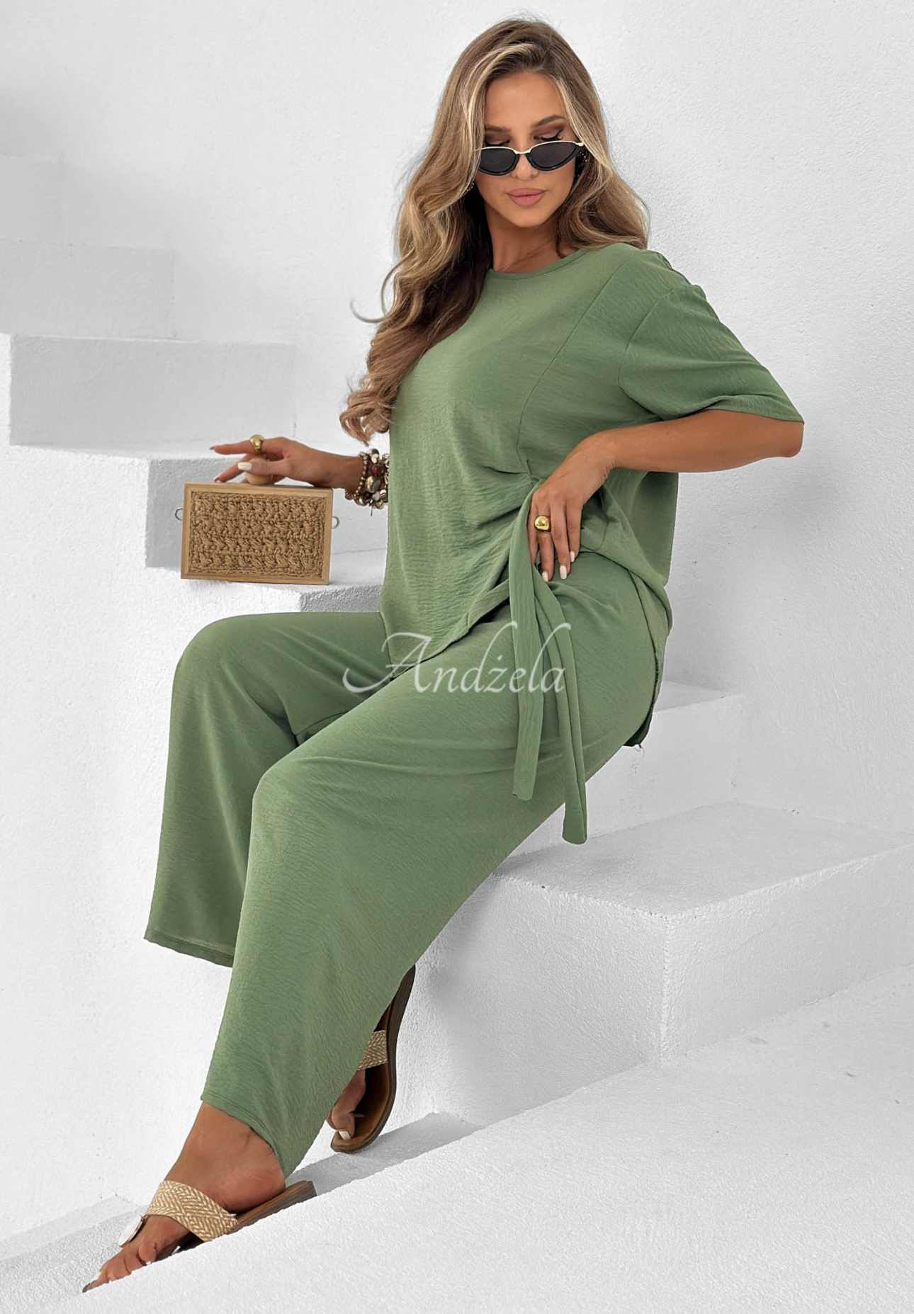 Wiskozowy komplet wiązana bluzka i spodnie wide leg Elite Holiday khaki