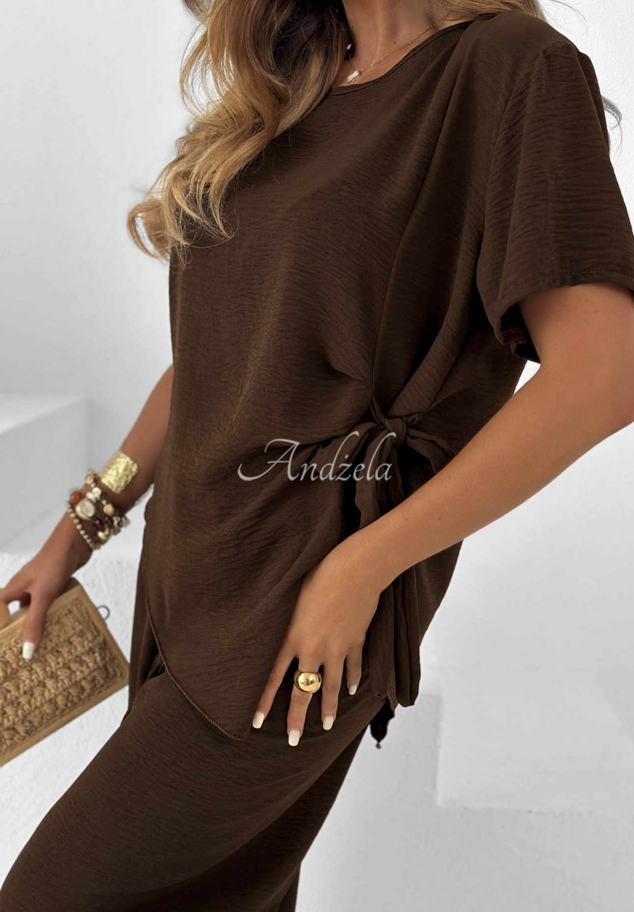 Elite Holiday Chocolate-Colored Viscose Set: Tie-Front Blouse and Wide-Leg Pants
