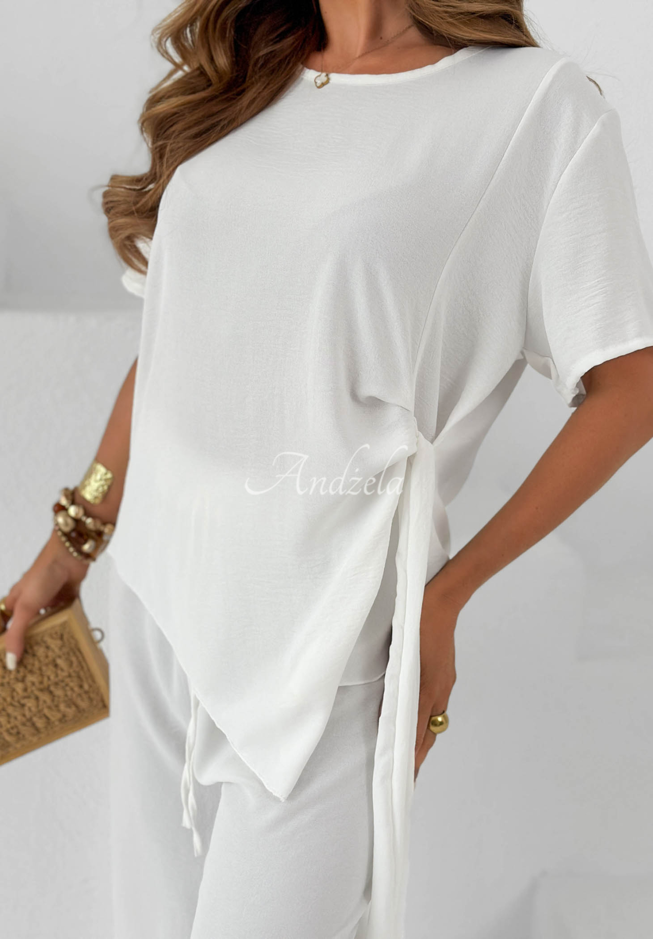 Elite Holiday White Viscose Set: Tie-Front Blouse and Wide-Leg Pants
