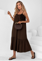 Mirage Coast Chocolate-Colored Viscose Midi Dress with Spaghetti Straps