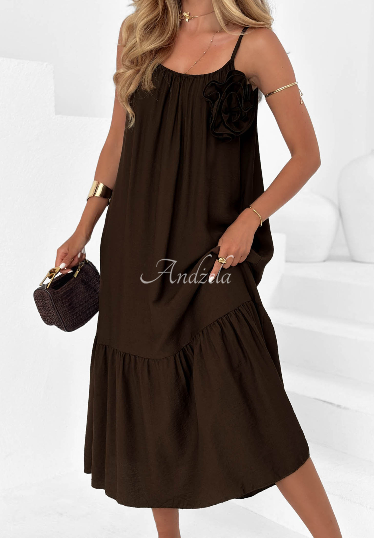 Mirage Coast Chocolate-Colored Viscose Midi Dress with Spaghetti Straps