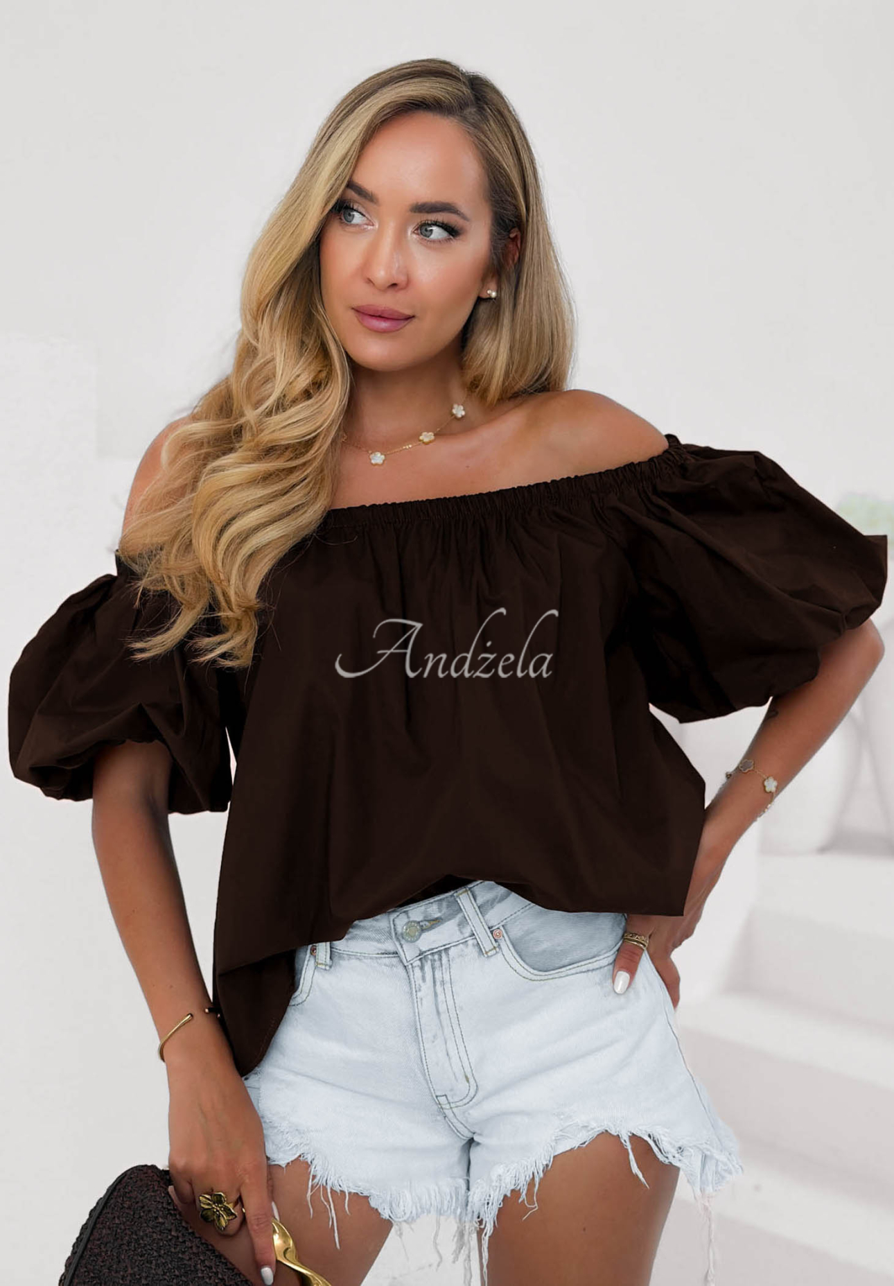 Sunny Trips Chocolate-Colored Cotton Off-the-Shoulder Blouse with Puff Sleeves