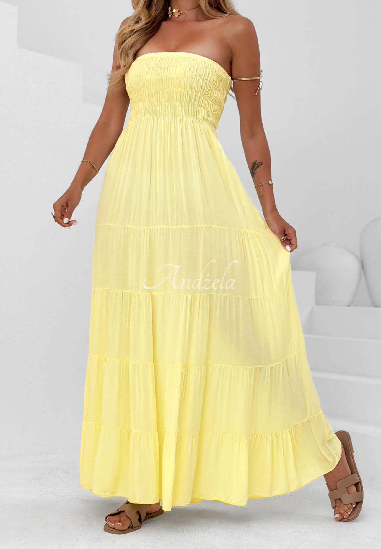 Cara Mia Yellow Strapless Viscose Maxi Dress