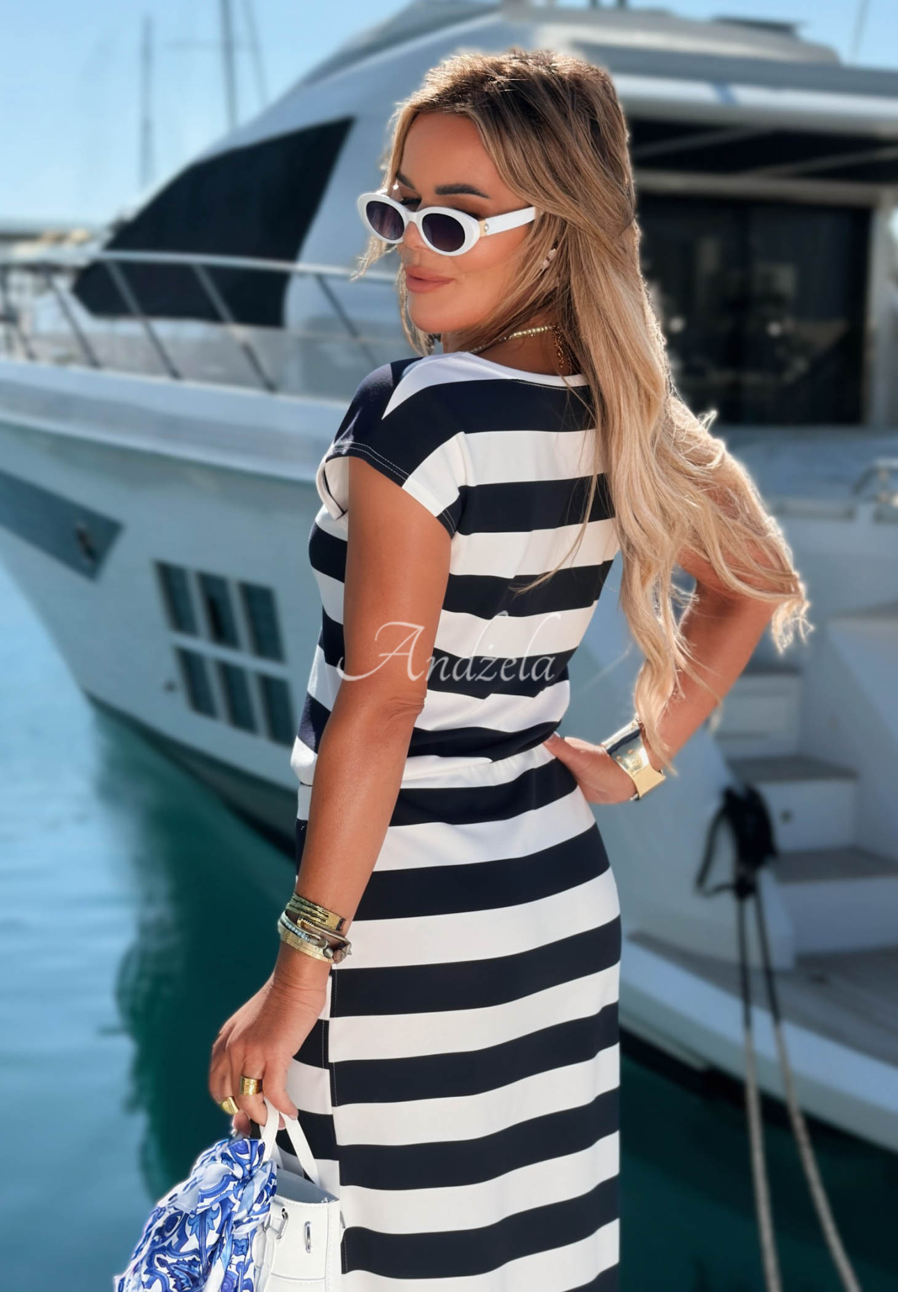 Moonlight Harbor Striped Ribbed Maxi Dress, White and Navy Blue