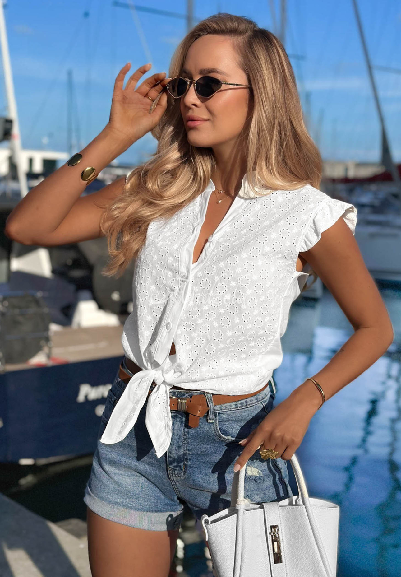 Bawełniana ażurowa Shirt z wiązaniem i falbankami boho Soft Summer ecru
