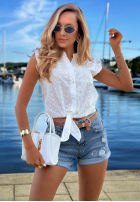 Ażurowa koszula z wiązaniem i falbankami boho Soft Summer biała