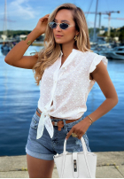 Ażurowa koszula z wiązaniem i falbankami boho Soft Summer biała