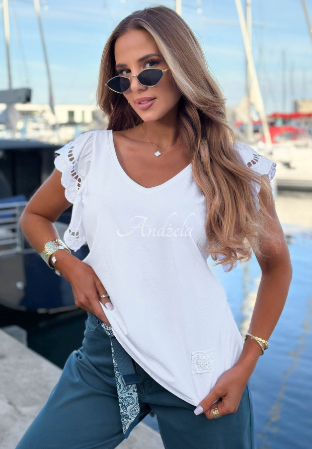 Go Anywhere White Cotton Blouse with Openwork Ruffles