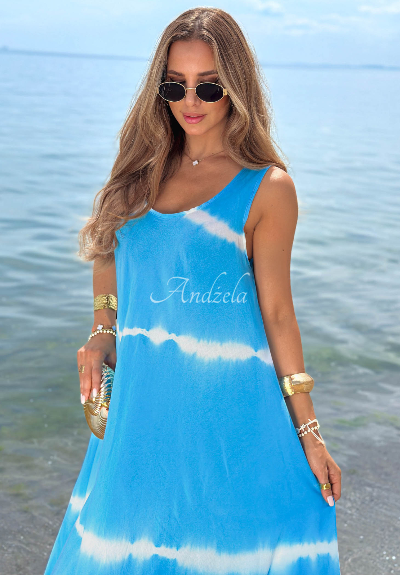 Bawełniana sukienka maxi na ramiączkach tie dye Sea Waves błękitna