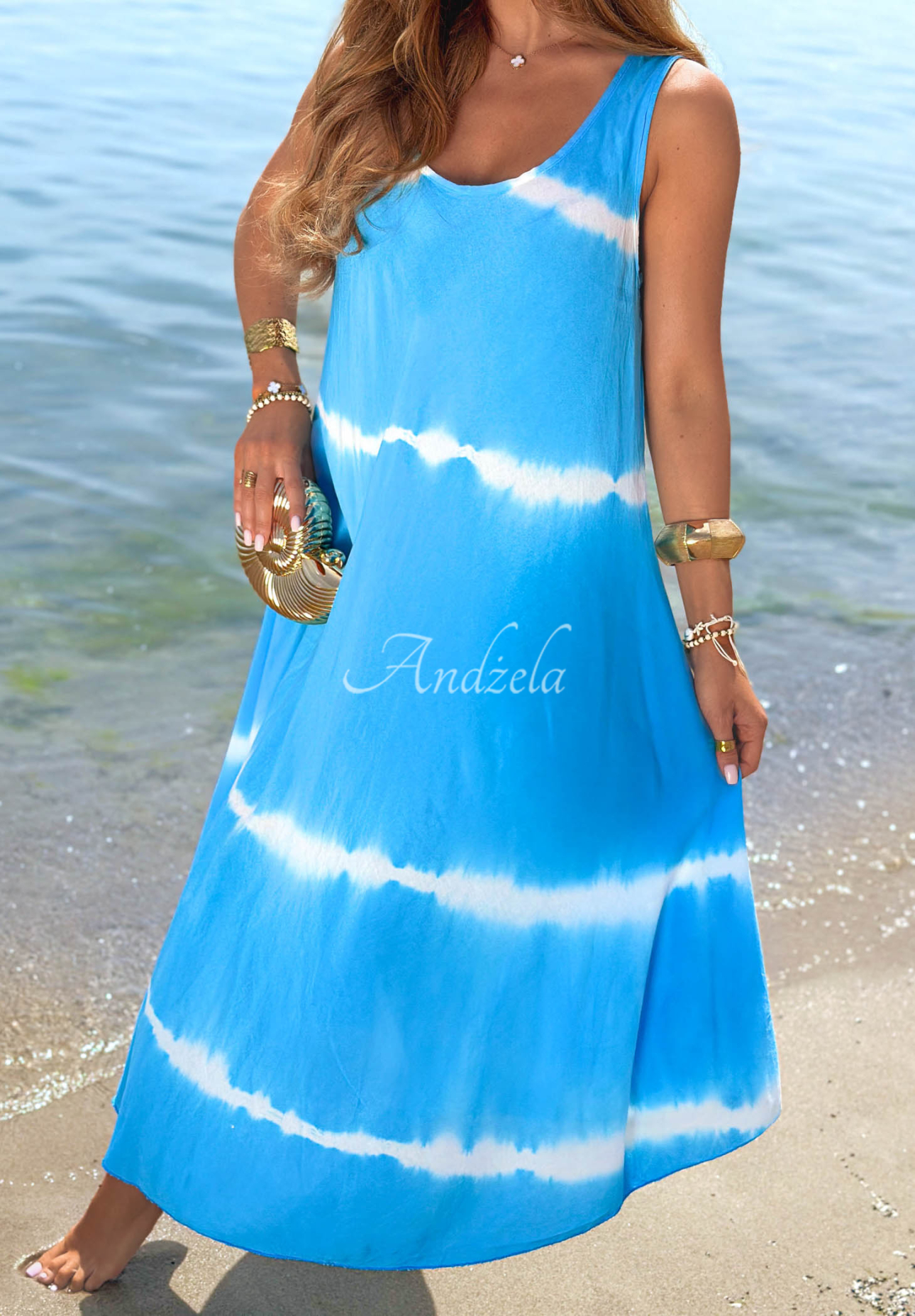 Light Blue "Sea Waves" Tie-Dye Cotton Maxi Dress with Spaghetti Straps
