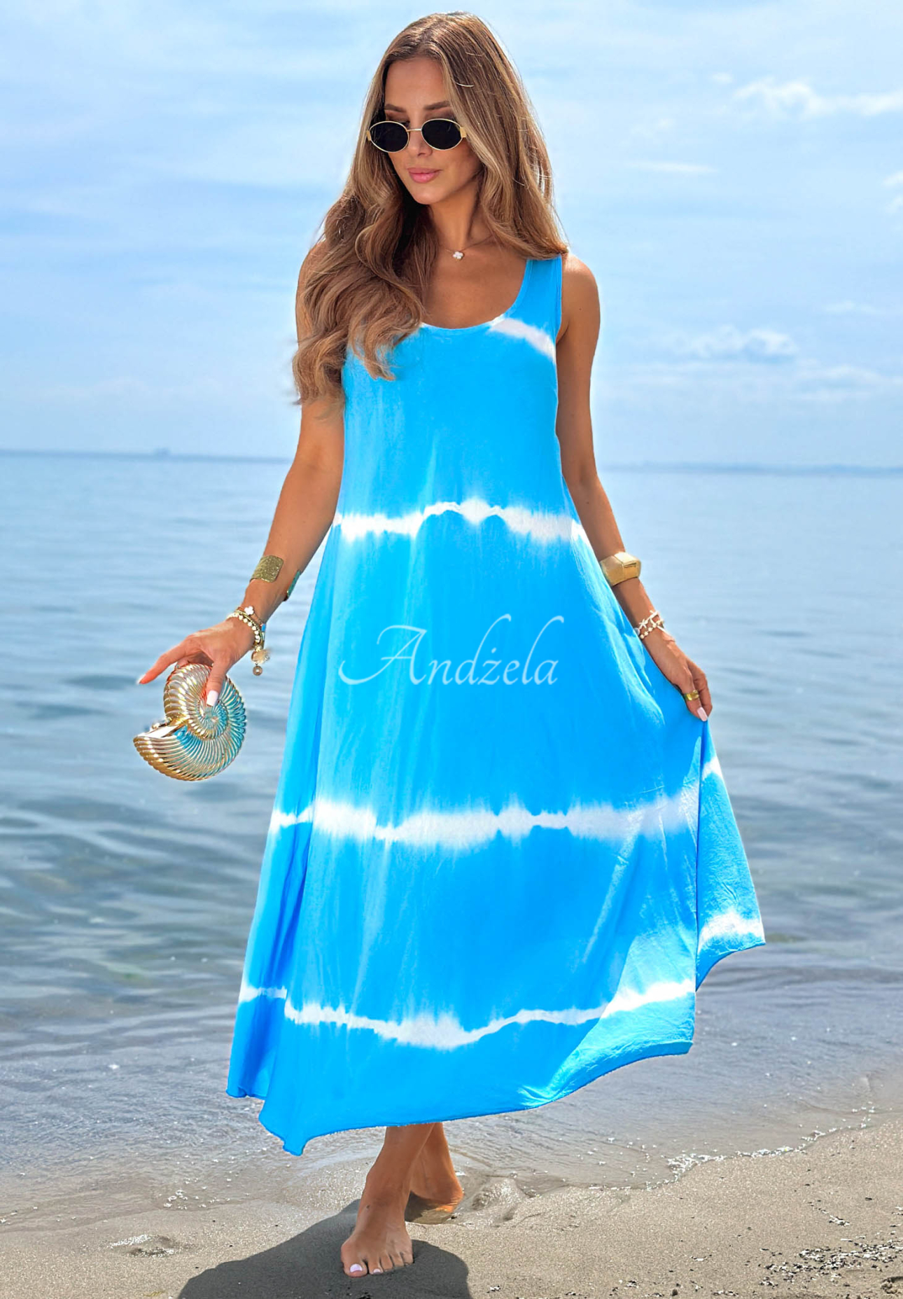 Light Blue "Sea Waves" Tie-Dye Cotton Maxi Dress with Spaghetti Straps