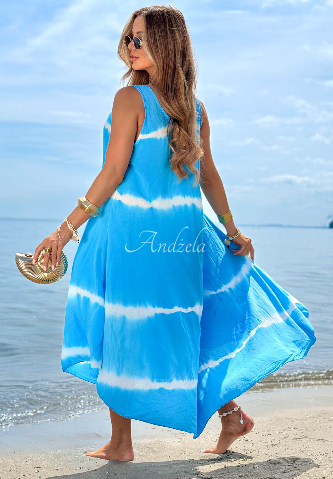 Bawełniana sukienka maxi na ramiączkach tie dye Sea Waves błękitna