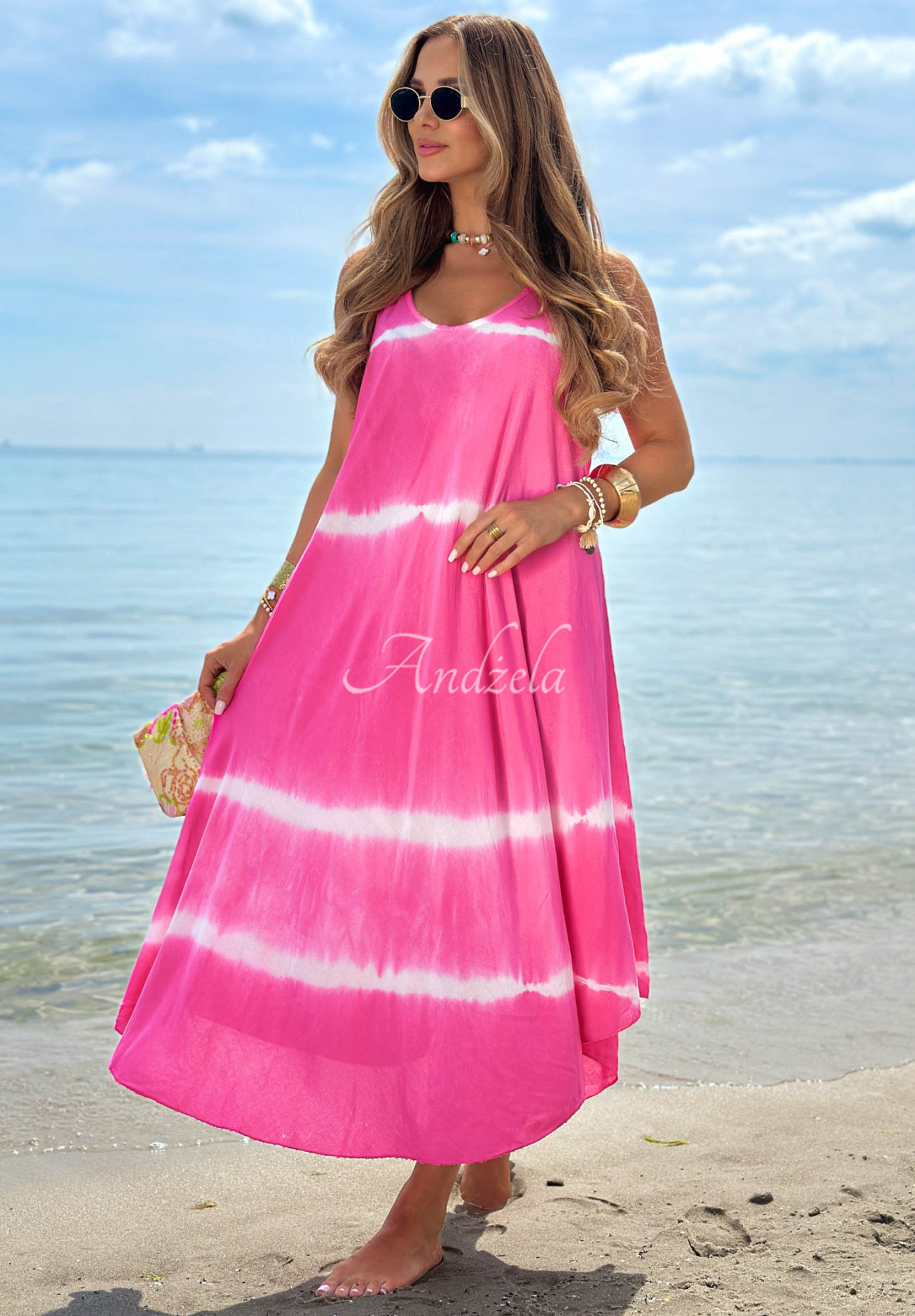 Bawełniana Dress maxi na ramiączkach ombre Sea Waves fuchsia