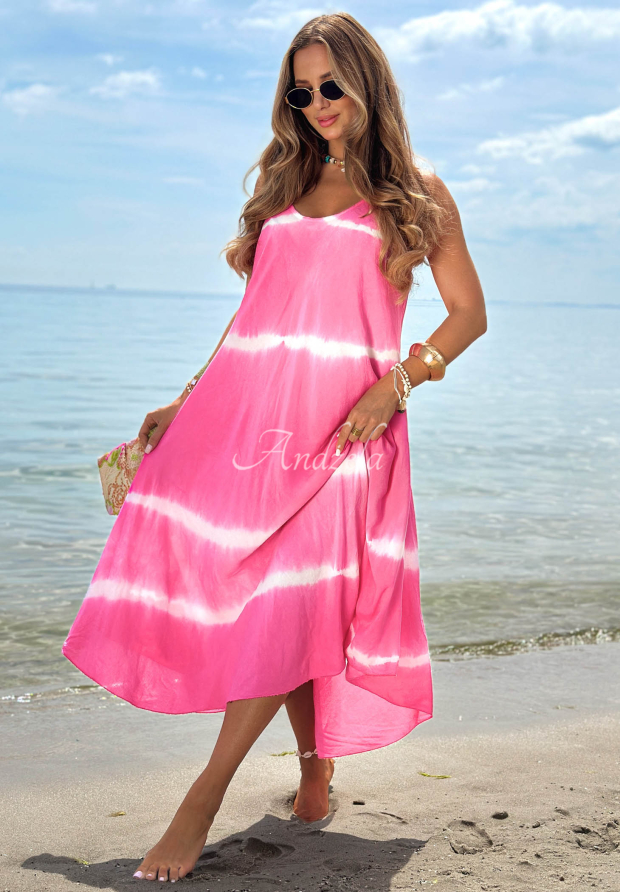 Fuchsia Sea Waves Tie-Dye Cotton Maxi Dress with Straps