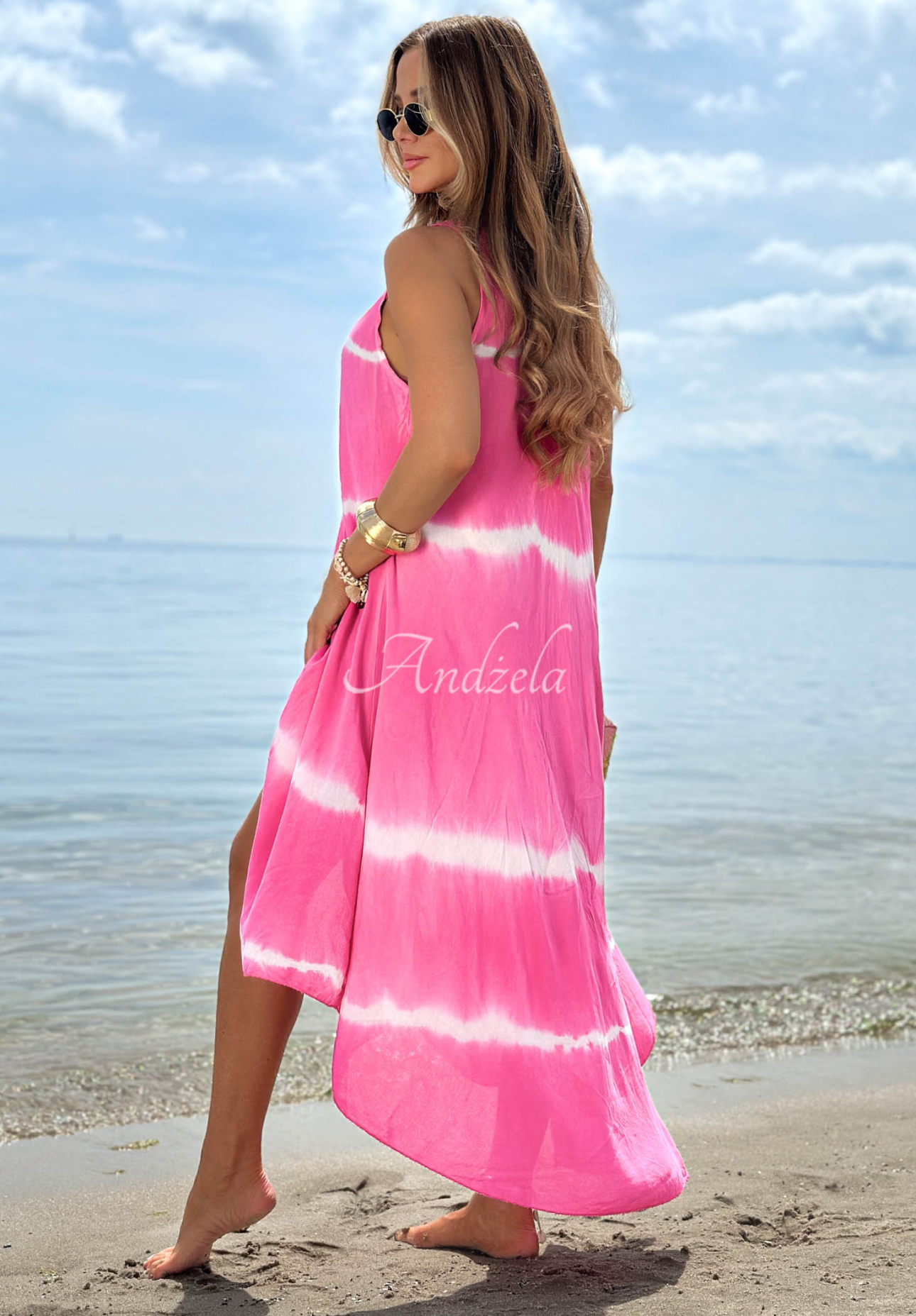 Bawełniana sukienka maxi na ramiączkach tie dye Sea Waves fuksjowa