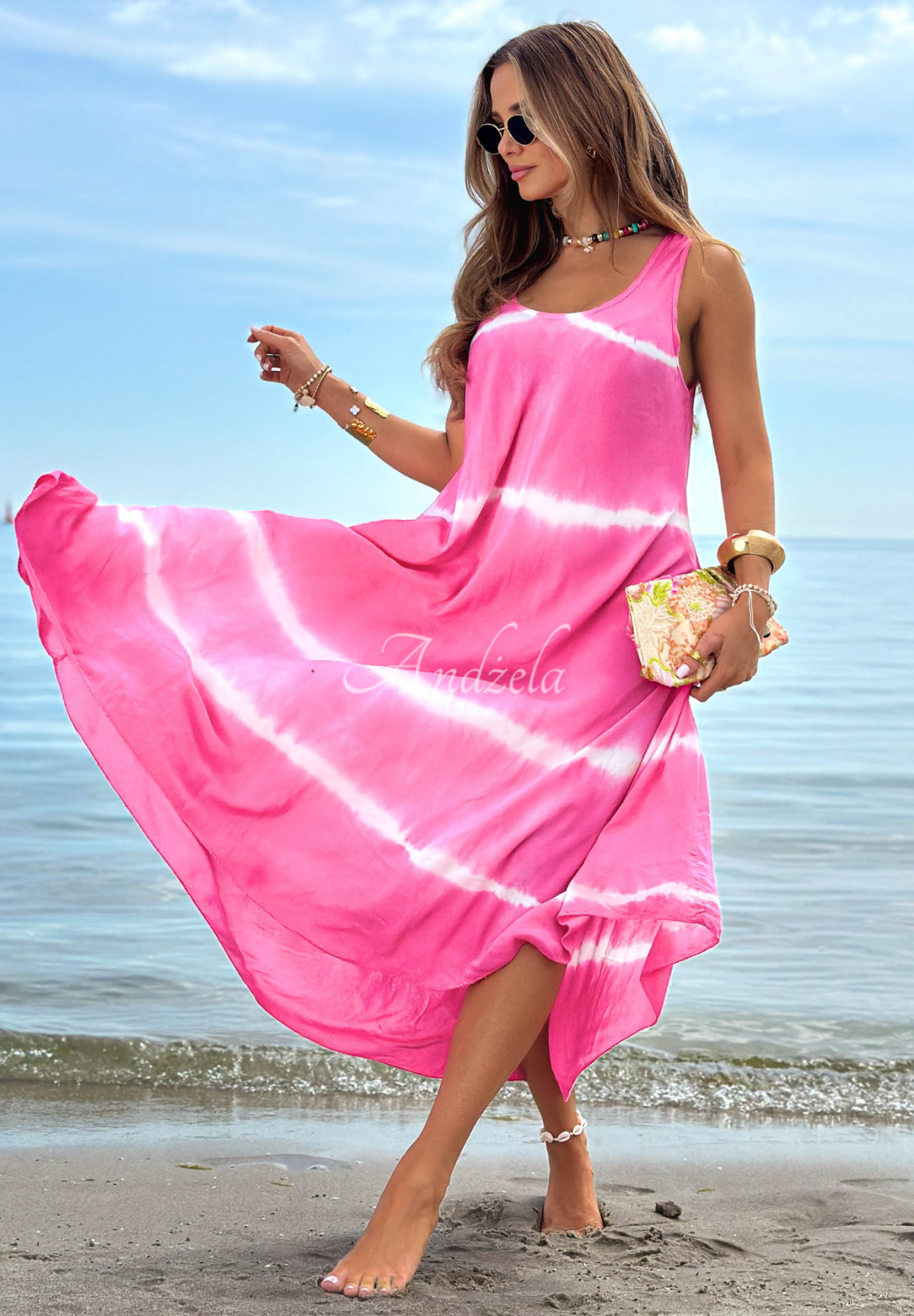 Bawełniana Dress maxi na ramiączkach ombre Sea Waves fuchsia