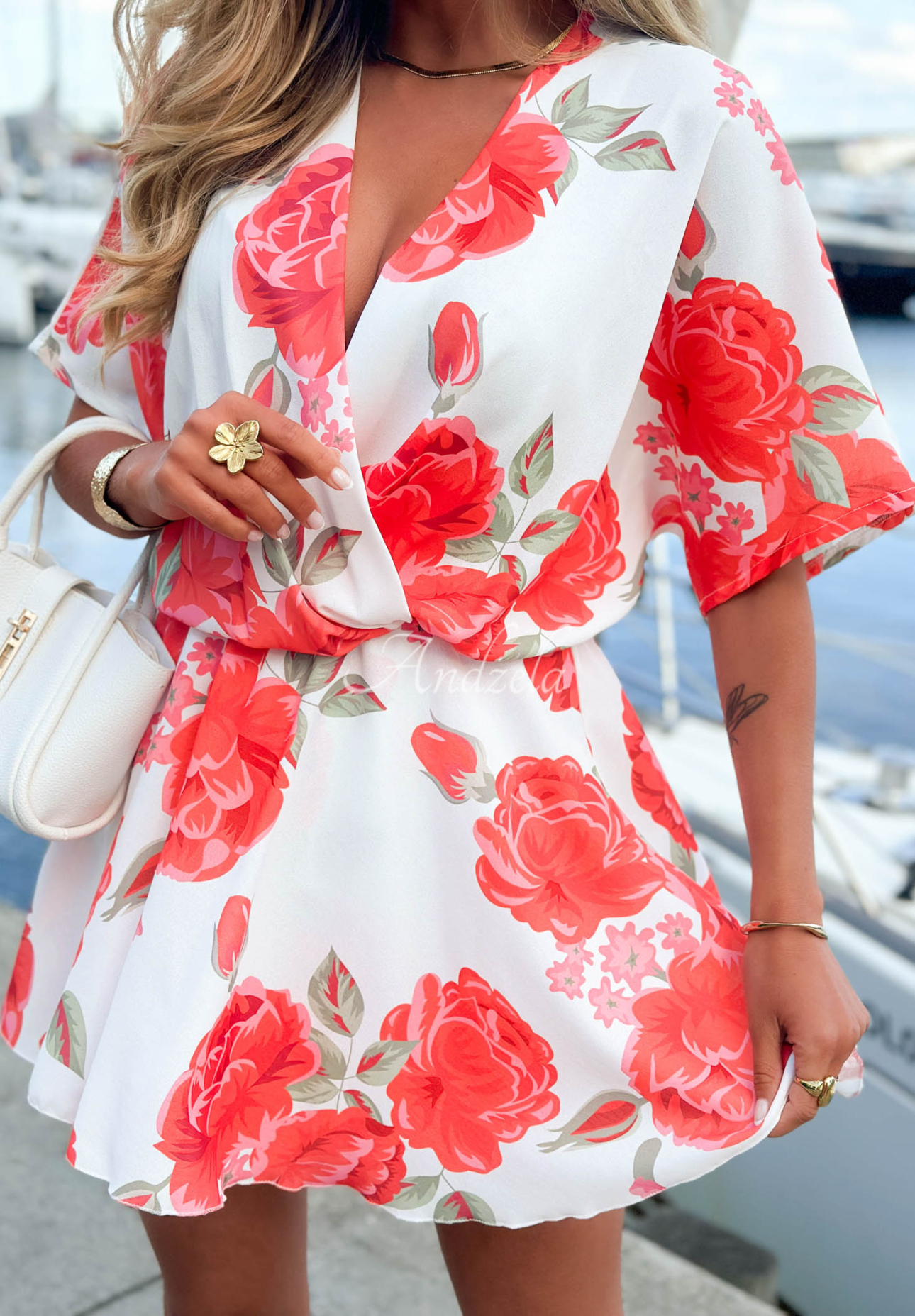 Secret Garden Short White and Red Floral Viscose Jumpsuit