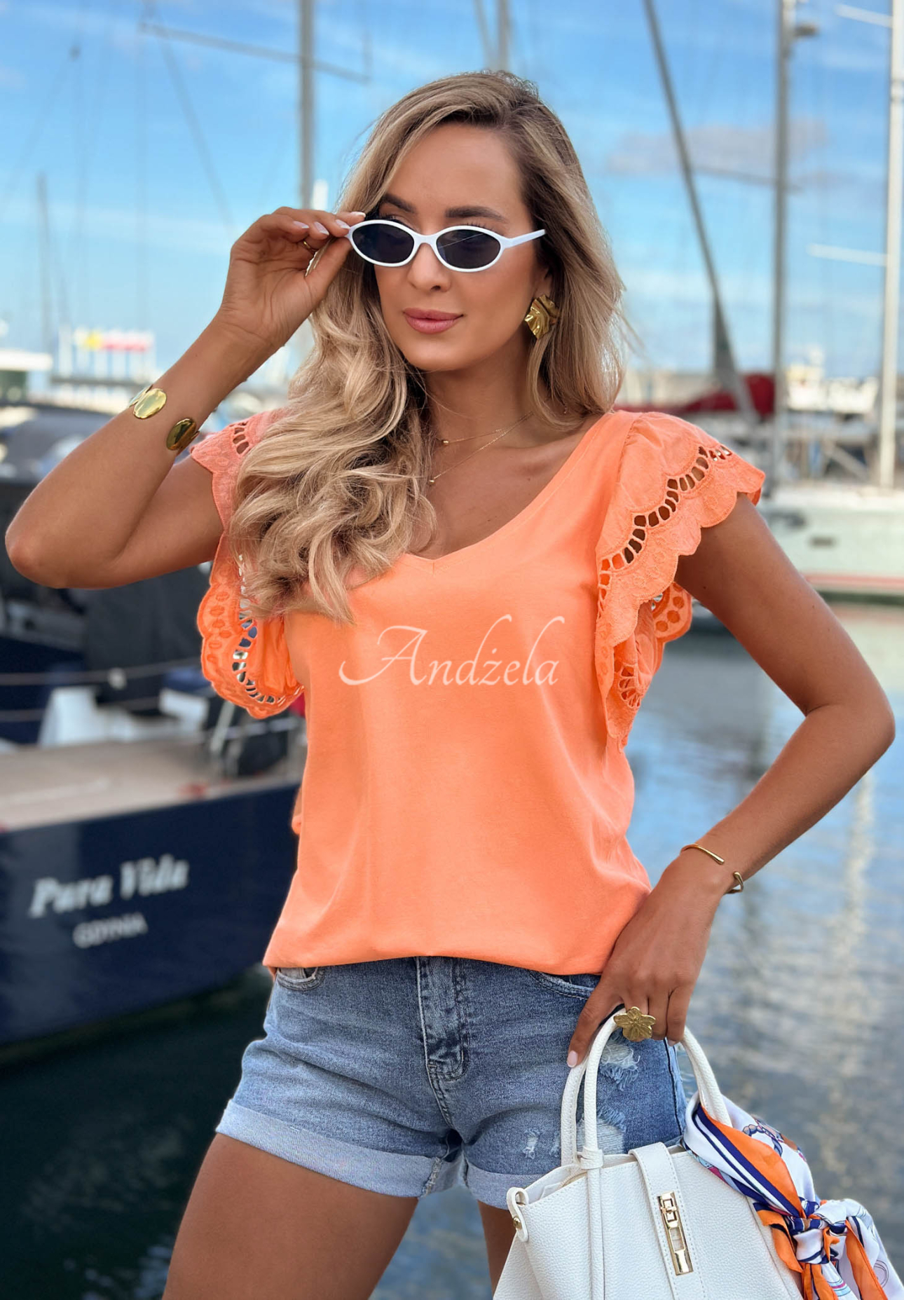 Go Anywhere Orange Cotton Blouse with Openwork Ruffles
