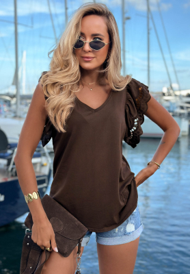Go Anywhere Chocolate-Colored Cotton Blouse with Openwork Ruffles