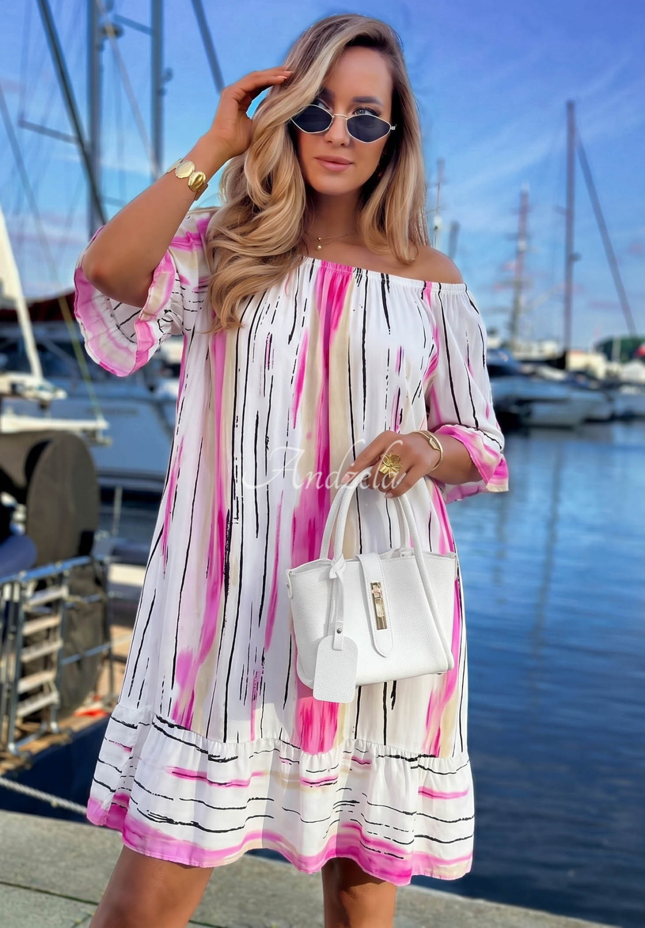 Sun Sail White and Pink V-Neck Viskose Patterned Dress