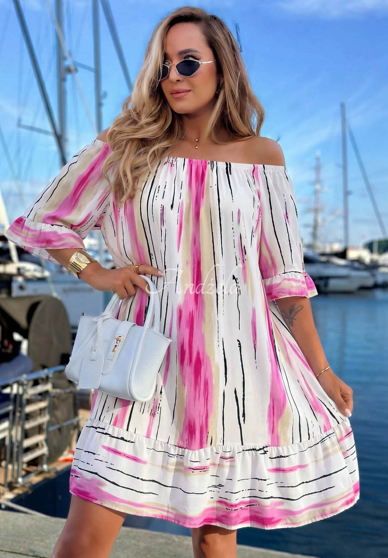 Sun Sail White and Pink V-Neck Viskose Patterned Dress