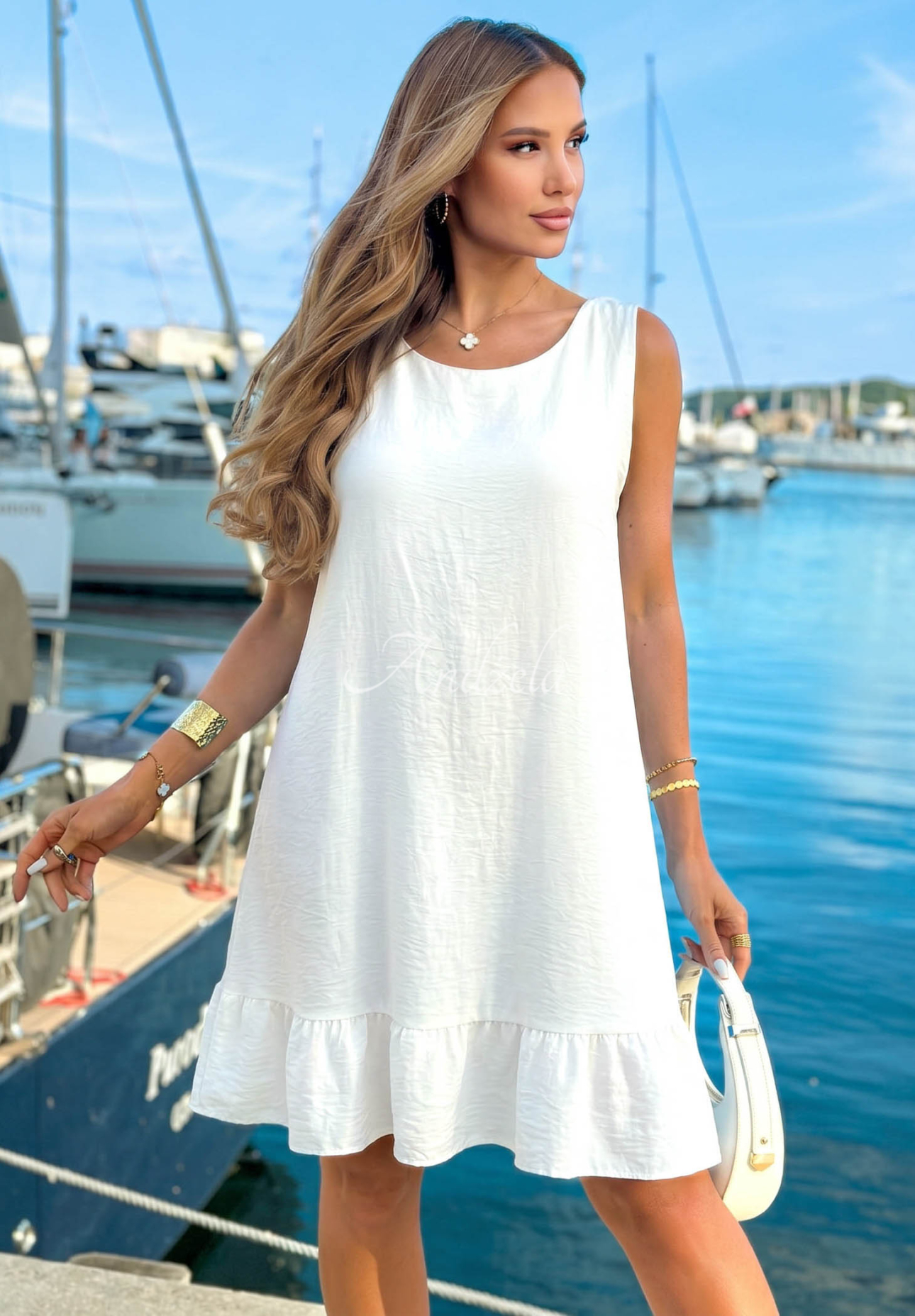 Sun Darling ecru viscose mini dress with spaghetti straps and ruffles