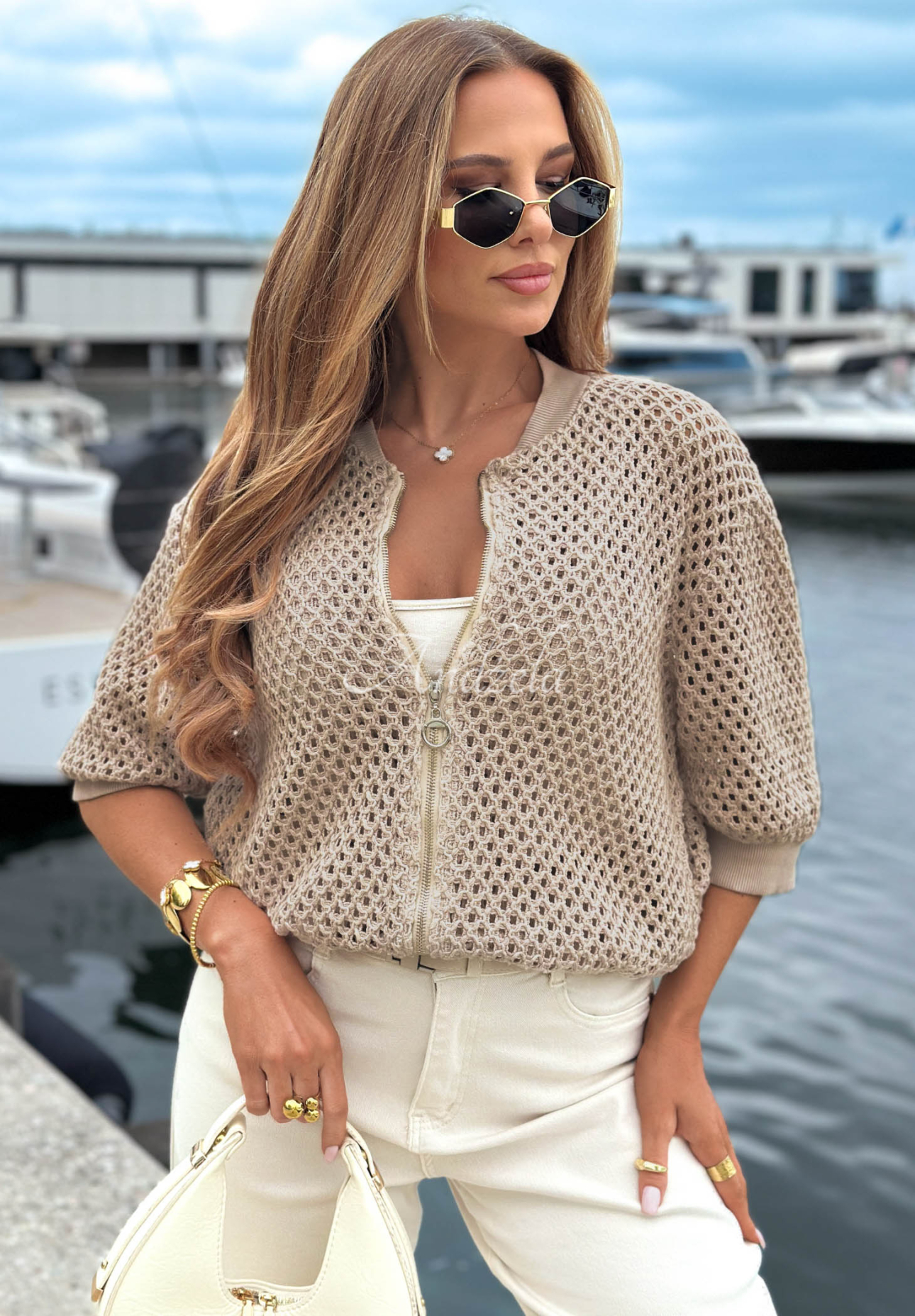 Come Along Beige Openwork Cotton Bomber Jacket